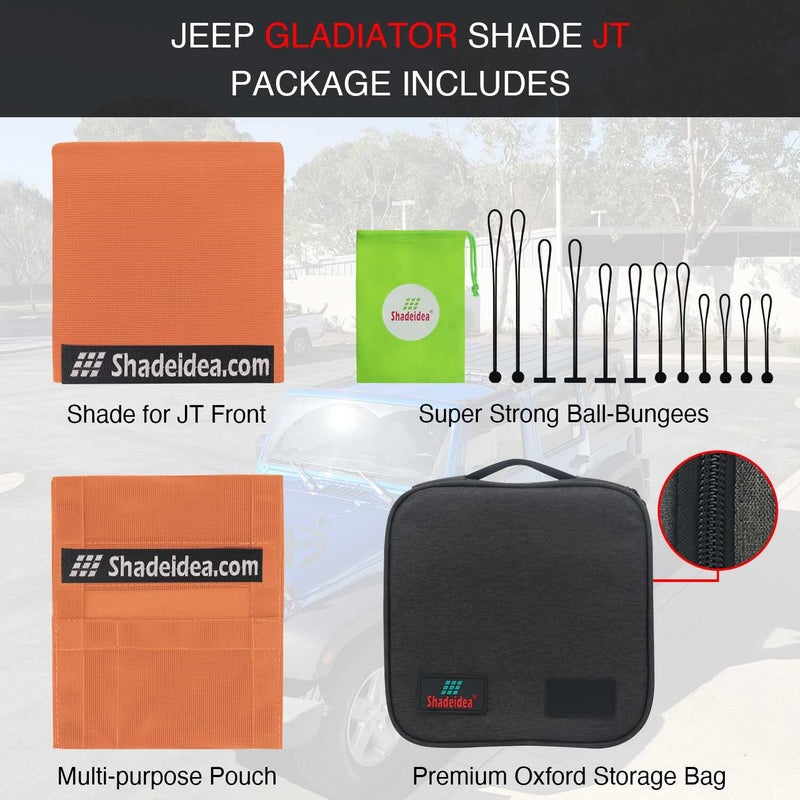 Shadeidea JT Sun Shade Top Sunshade Compatible with Jeep Gladiator Top Shade Mesh Screen Roof Cover (2018-2023)- Wind Noise UV Blocker with GrabBag Pouch -10 Year Warranty- Orange -Front - Image 5